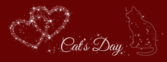 Fototapeta na wymiar Card with the words Cat's Day, diamond hearts and the shadow of a cat