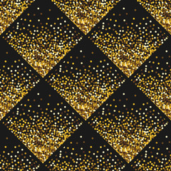 Stipplism golden seamless shiny pattern. Dotted diagonal square background.