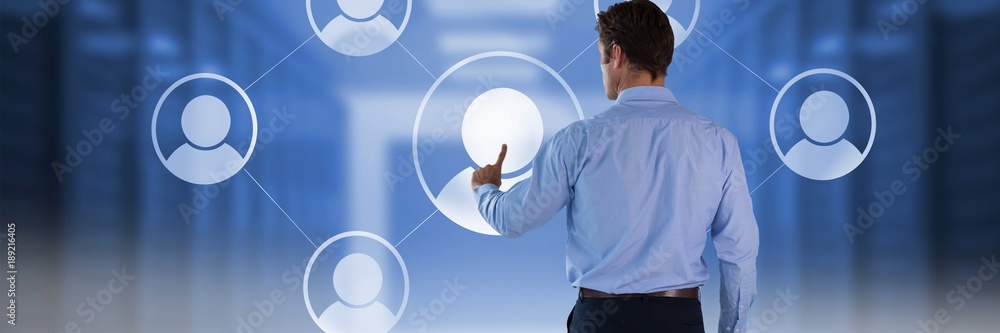 Poster man touching user icon interface
