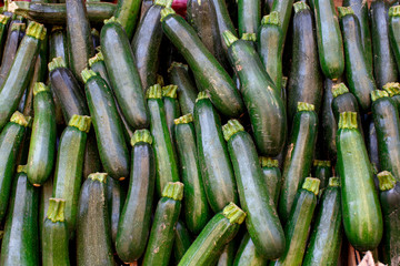 Zucchini on display at marked of fresh, organic food.