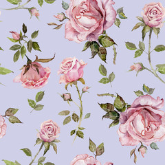 Rose flower on a twig. Seamless floral pattern.  Watercolor painting. Hand drawn illustration.