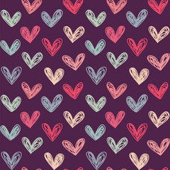 Hand drawn hearts on a dark background. Seamless vector pattern.