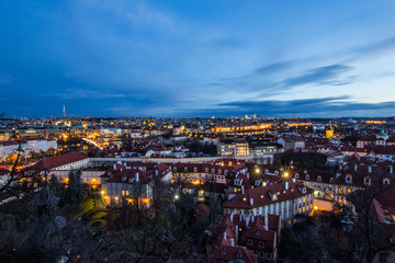 Beautiful Night view over the Vltava river, Charles bridge, the embankment Smetanovo, tower old...