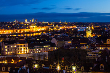 Beautiful Night view over the Vltava river, Charles bridge, the embankment Smetanovo, tower old...