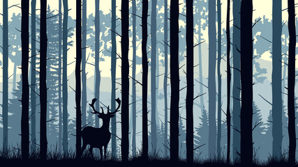Horizontal illustration of deer in pinewood forest. - 189218017