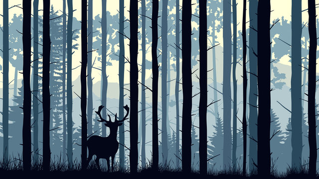 Horizontal illustration of deer in pinewood forest.