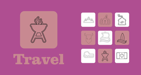 Fototapeta na wymiar Travel Line Icons for Web and Mobile. Thin line icons. on purple