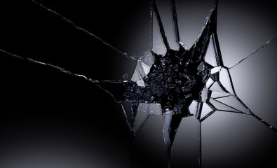 3D illustration of destructed or shattered glass surface over black background