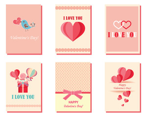 Fototapeta na wymiar A set of greeting cards for Valentine's Day with hearts. Pink, white, turquoise. Gift templates. Painted hearts. Design for valentine and wedding and other holidays. Vector.
