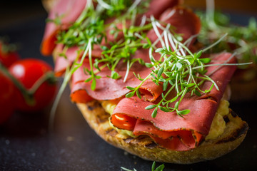 Closeup of Ciabatta with Vegan Ham and Spread