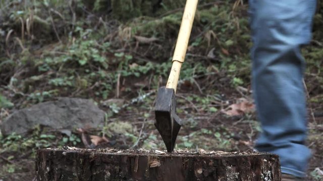Person chops wood in forest, slow motion.