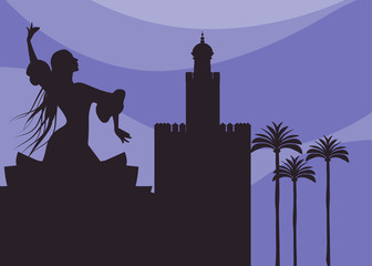 Silhouette of flamenco dancer, palms and monuments in Seville. (The Gold Tower)