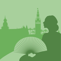 Silhouette of woman with hand fan, palm trees and monuments of Seville. (The Spain Square and The Giralda) - obrazy, fototapety, plakaty