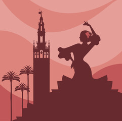 Silhouette of flamenco dancer, palms and monuments in Seville. (The Giralda) - obrazy, fototapety, plakaty