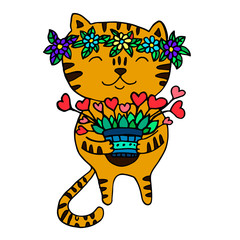 Cute ginger cat with a wreath of flowers on his head