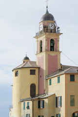 Scenic Mediterranean riviera coast. Panoramic view of Camogli town in Liguria