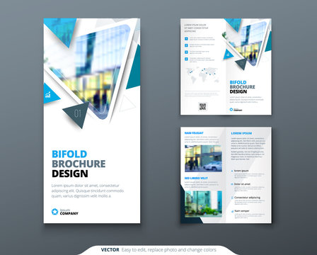 Bifold brochure design. Blue template for bi fold flyer. Layout with modern triangle photo and abstract background. Creative concept folded flyer or brochure.