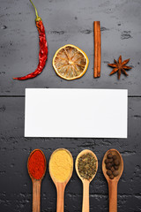 Set of dry spices on grey texture background. Wooden spoons