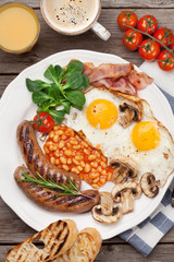 English breakfast. Fried eggs, sausages, bacon