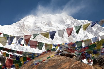 Mount Annapurna with buddhist prayer flags