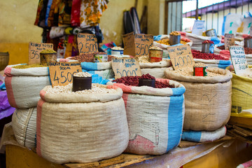 Different kind of dried legumes are sold in an african local market
