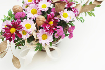 Chrisantemum fresh flower Arrangement or Composition bouquet Top view, Isolated on white background. Mix of Pink and White Flowers.