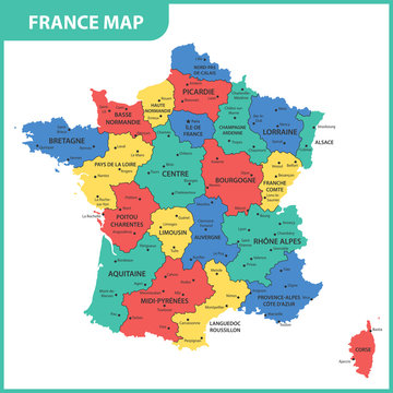 The detailed map of the France with regions or states and cities, capital
