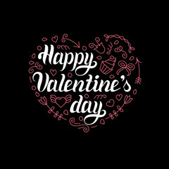 Vector Happy Valentines Day hand lettering. Festive calligraphy on heart shape background for greeting card, invitation.