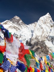 Mount Everest with buddhist prayer flags
