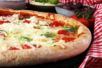 pizza with cheese fresh baked pizza coming out of the oven