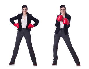 Young boxing businesswoman isolated on white