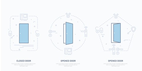 Open and closed doors. Conceptual vector illustration. Line design