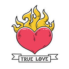 Flaming Heart Tattoo. True love. Red burning heart. Passionate heart. Old school styled tattoo of flaming heart. © natalypaint