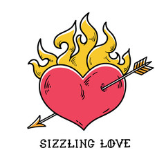 Tattoo flaming heart pierced by gold arrow. Sizzling love. Red burning heart. Passionate heart. Old-school styled tattoo