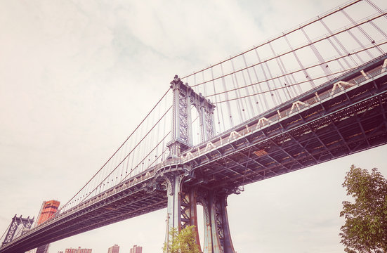 Retro stylized picture of the Manhattan Bridge seen from Brooklyn Dumbo, New York City, USA.