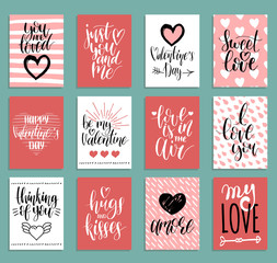 Vector handwritten phrases Love Is In The Year etc.on labels,tags.February 14 calligraphy set. Valentines day typography