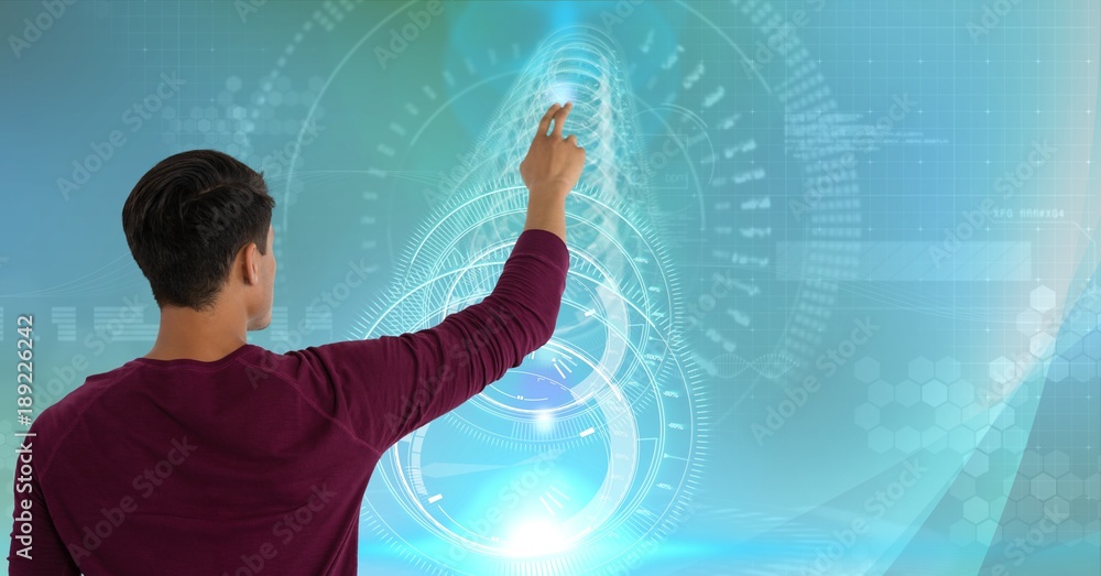 Poster man touches interface screen in digital domain world