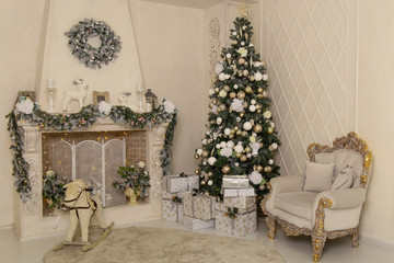 Christmas tree and fireplace