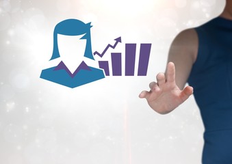 Hand interacting with businesswoman and chart statistic icon
