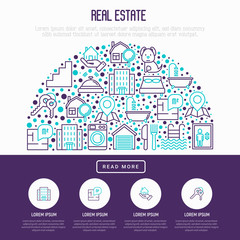 Rea estate concept in half circle with thin line icons: apartment house, bedroom, keys, elevator, swimming pool, bathroom, facilities. Modern vector illustration for web page, print media.
