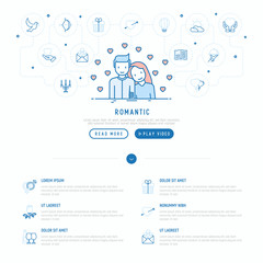 Romantic concept: couple in love with hearts around and thin line icons, related to dating, honeymoon, Valentine's day. Modern vector illustration, web page template.