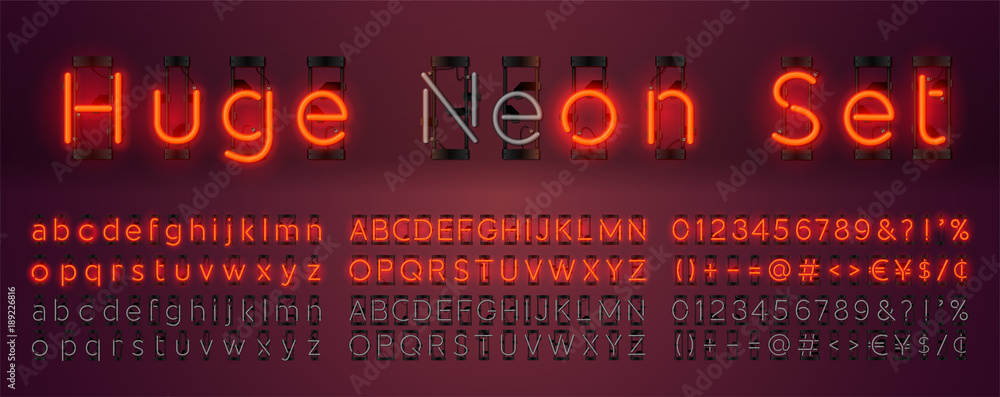 Poster mega huge neon set glowing alphabet with upper and lowercase letters, vector font. glowing text effe