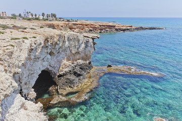 Fototapeta na wymiar Shore near Lovers Arch. Cavo Greco, Ayia napa, Cyprus.