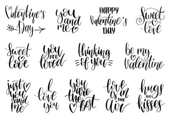 Vector hand lettering phrases Take My Heart, Hugs And Kisses etc. February 14 calligraphy set. Valentines day typography