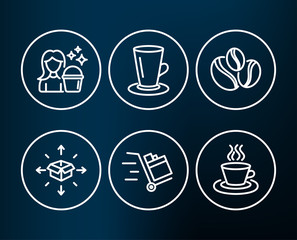 Set of Coffee-berry beans, Teacup and Cleaning icons. Parcel delivery, Push cart and Tea cup signs. Coffee beans, Tea or latte, Maid service. Logistics service, Express delivery, Coffee mug. Vector