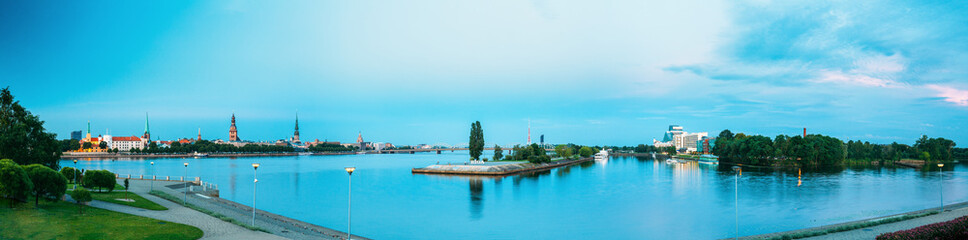 Riga, Latvia. Panoramic View Of Daugava Or Western Dvina River