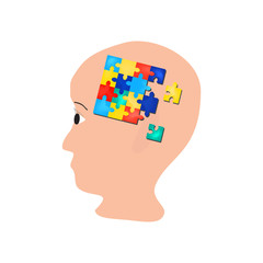 Puzzles in the brain. head. World Autism Day. Vector illustration on isolated background.