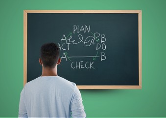 Teenager standing looking at writing on blackboard