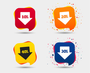 Sale arrow tag icons. Discount special offer symbols. 10%, 20%, 30% and 40% percent discount signs. Speech bubbles or chat symbols. Colored elements. Vector