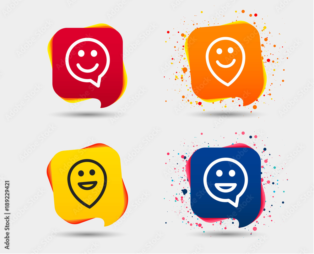 Poster happy face speech bubble icons. smile sign. map pointer symbols. speech bubbles or chat symbols. col